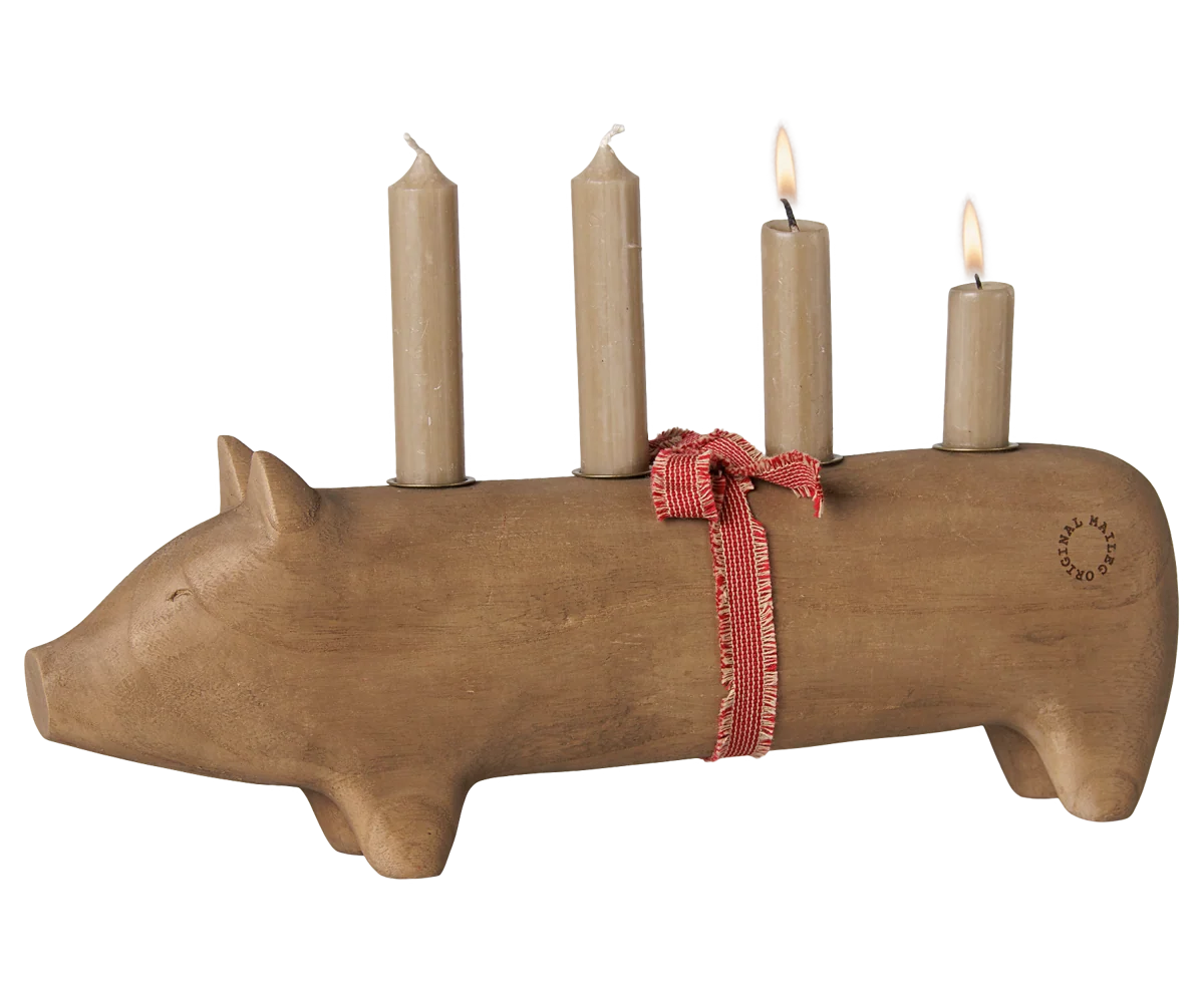 Holzkerzenhalter, Schwein, Advent groß – Natur
