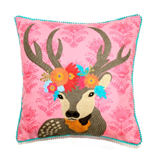 Dekokissen Hirsch – Leinwand mit Stickerei und Kugelborte - Rosa