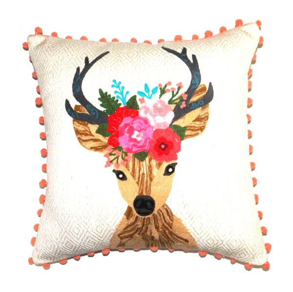 Kissen Hirsch – Baumwollkissen mit Stickerei, Beige